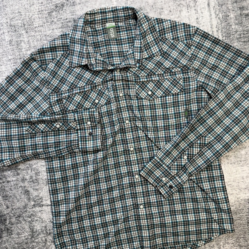 Stio Eddy Shirt Mens Small Gray Blue Plaid Peral Snap Performance Hiking Fishing